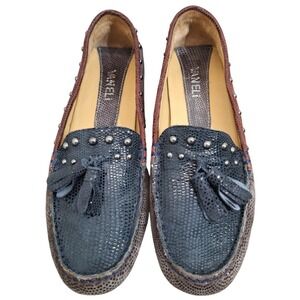 Vaneli Women's Snake Embossed Leather Studded Tassel Driving Loafers Blue 6.5M
